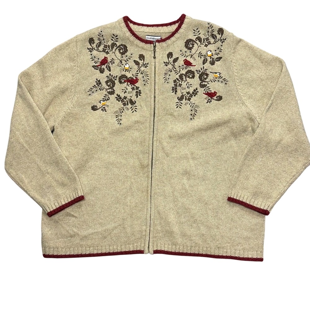 Croft & Barrow 2X‎ Bird Embroidered Zip Front Cardigan Silk Blend Beige Cardinal